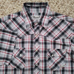 Wrangler Wrancher‎ Red Black Plaid Men Sz L Short Sleeve Pearl Snap Cowboy Shirt